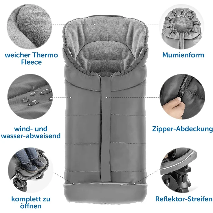Zamboo Fußsack für Joie Buggy Sportwagen (passend für Litetrax, Mytrax, Chrome) - Winterfußsack für Kinderwagen, mit Reflektor, Kapuzenfunktion & Tasche - Grau – Bild 3