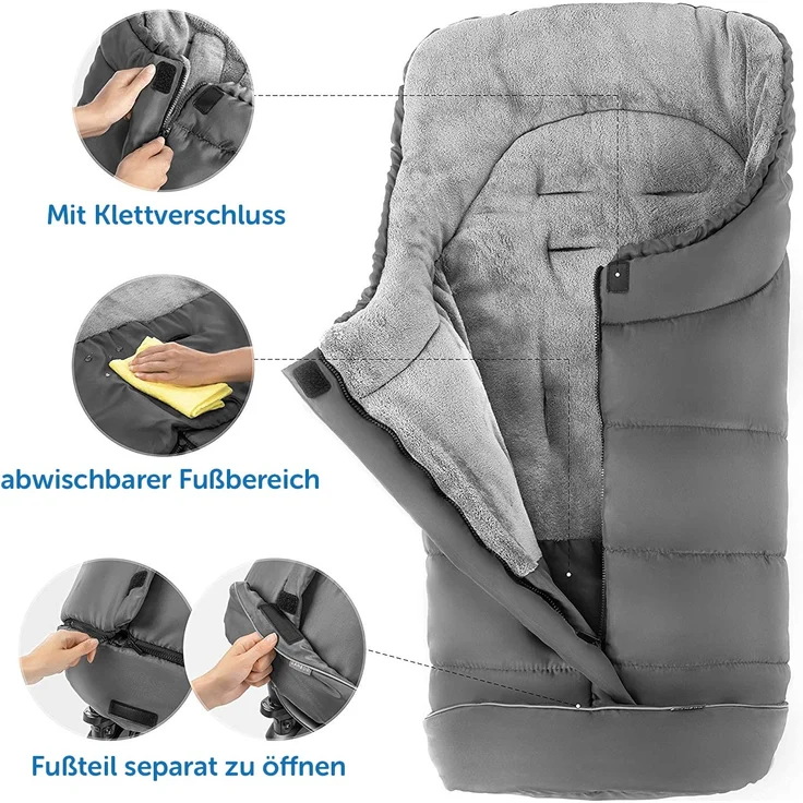 Zamboo Fußsack für Joie Buggy Sportwagen (passend für Litetrax, Mytrax, Chrome) - Winterfußsack für Kinderwagen, mit Reflektor, Kapuzenfunktion & Tasche - Grau – Bild 6