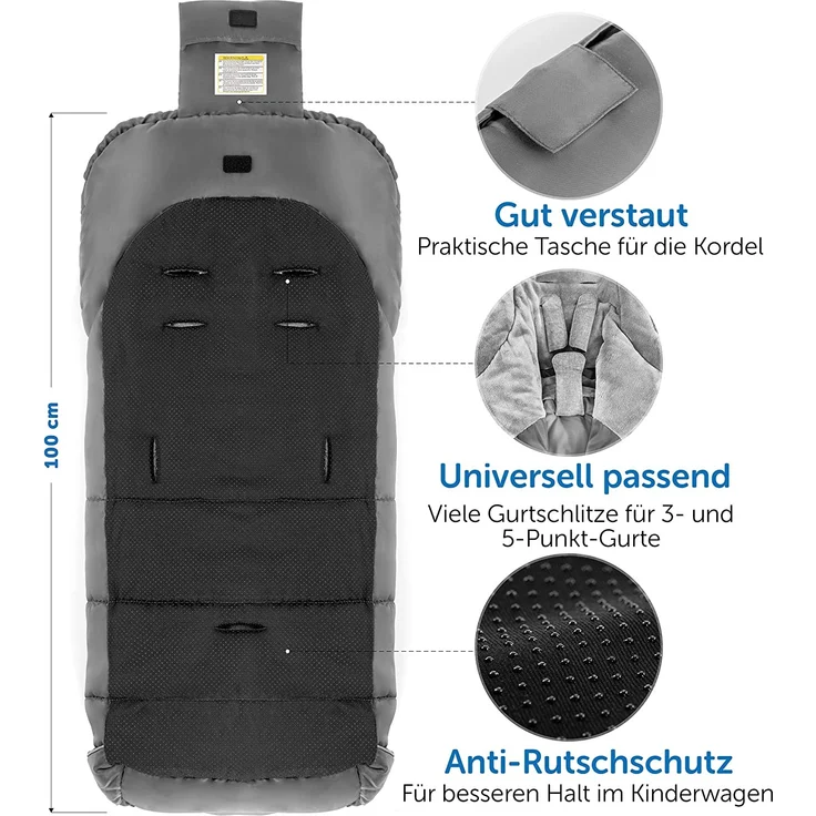 Zamboo Fußsack für Joie Buggy Sportwagen (passend für Litetrax, Mytrax, Chrome) - Winterfußsack für Kinderwagen, mit Reflektor, Kapuzenfunktion & Tasche - Grau – Bild 4