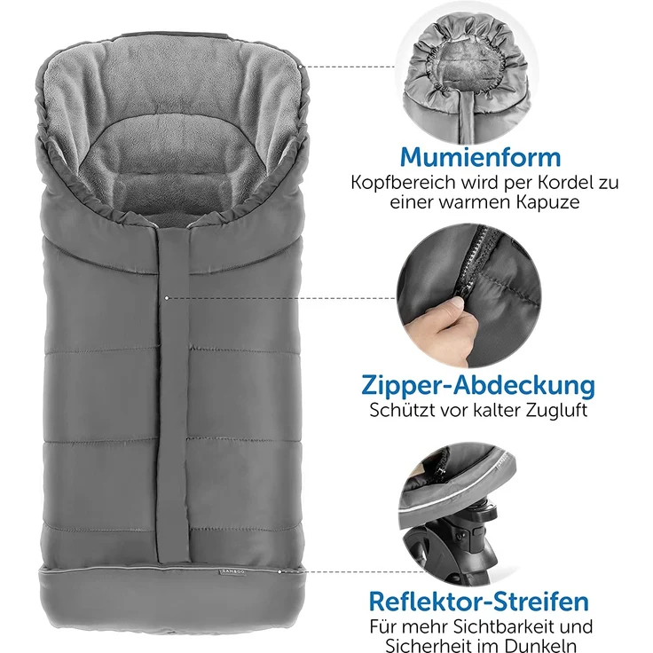 Zamboo Fußsack für Joie Buggy Sportwagen (passend für Litetrax, Mytrax, Chrome) - Winterfußsack für Kinderwagen, mit Reflektor, Kapuzenfunktion & Tasche - Grau – Bild 8