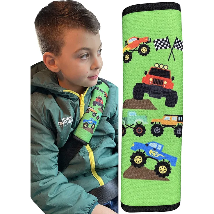 HECKBO® 1x Auto Gurtschutz mit Monster Trucks - Sicherheitsgurt Schulterpolster Schulterkissen Gurtschoner Autositze Gurtpolster für Kinder, Jungen Jungs - schützt vor Einschneiden des Gurtes