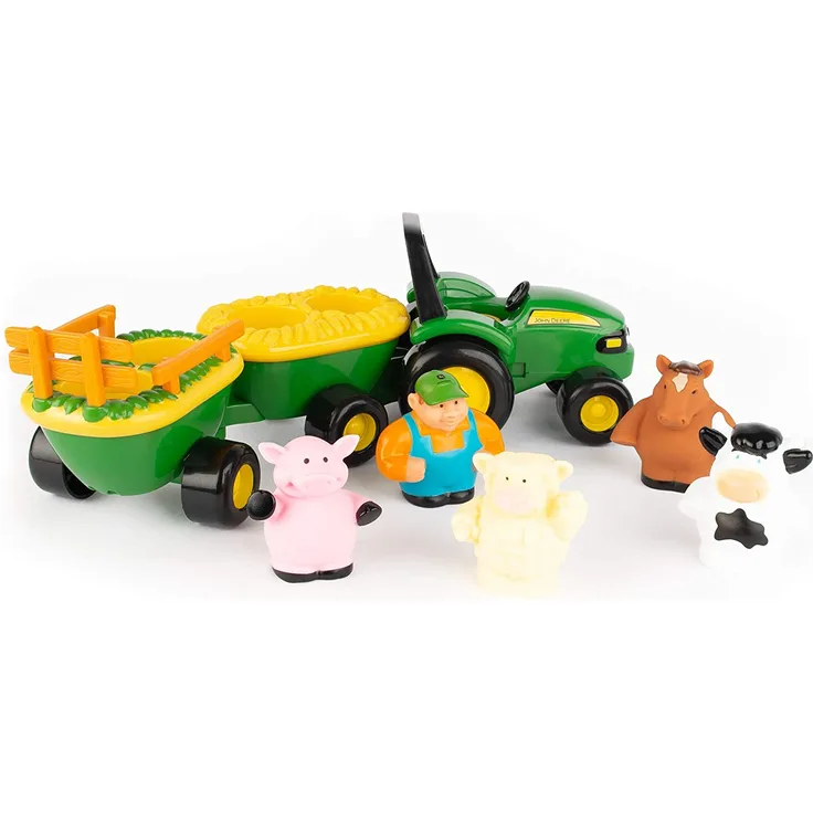 John Deere Heuwagen mit Tiergeräuschen, Spielzeuganhänger mit Bauer und 4 Tieren zum Spielen für Drinnen und Draußen, Spielzeug für Jungen, Geschenke für Kleinkinder, Für Kinder ab 18 Monaten