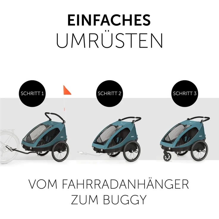 Hauck Fahrrad Anhänger 2 Kinder Dryk Duo inkl. Deichsel, Buggyrad und Fahne, Klappbar, Groß, XL Stauraum, Einfache Befestigung am Fahrrad, Nutzung als Buggy, Petrol – Bild 5