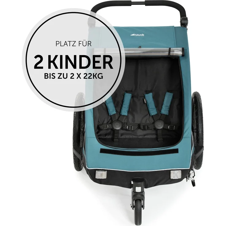Hauck Fahrrad Anhänger 2 Kinder Dryk Duo inkl. Deichsel, Buggyrad und Fahne, Klappbar, Groß, XL Stauraum, Einfache Befestigung am Fahrrad, Nutzung als Buggy, Petrol – Bild 2
