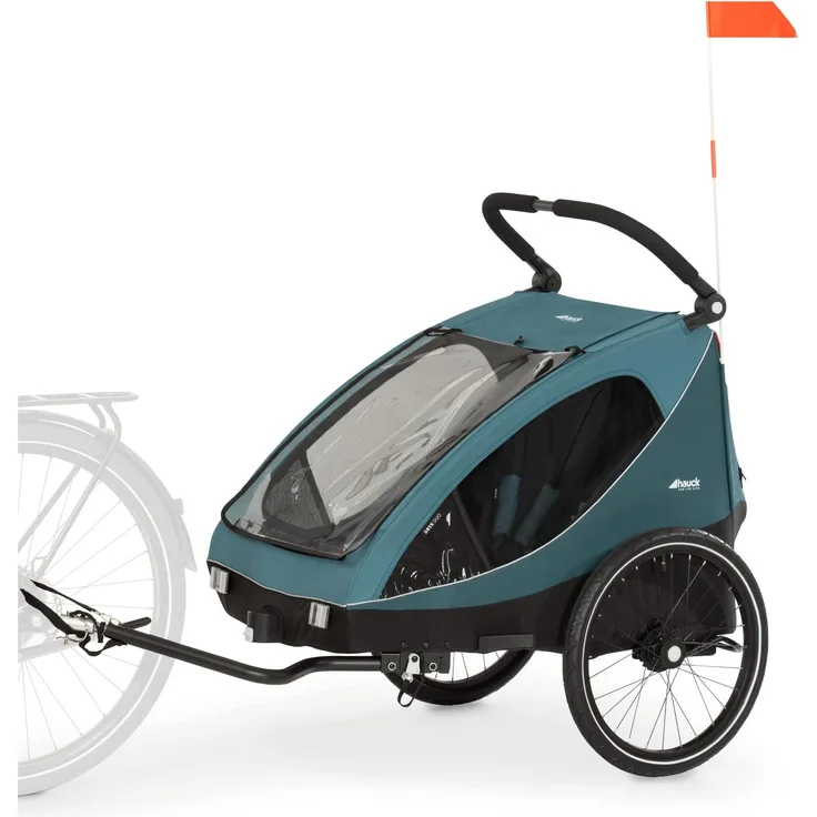 Hauck Fahrrad Anhänger 2 Kinder Dryk Duo inkl. Deichsel, Buggyrad und Fahne, Klappbar, Groß, XL Stauraum, Einfache Befestigung am Fahrrad, Nutzung als Buggy, Petrol