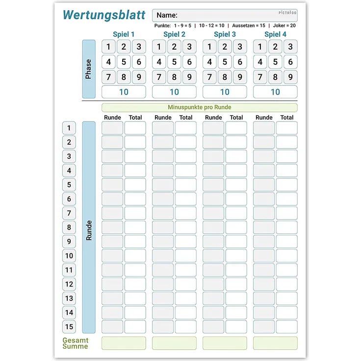 Wertungsblatt Block DIN A5, gut lesbar und übersichtlich gestaltet, moderner Ersatzblock mit Phasen, großer Spielblock für Würfel und Kartenspiele, für Senioren und Kinder geeignet, Familienspiel (1x)