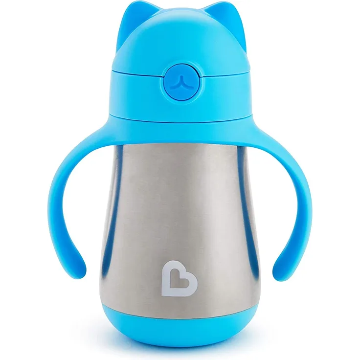 Munchkin Cool Cat Edelstahl-Strohhalmbecher, auslaufsicher, ab 18 Monaten, blau, 237 ml