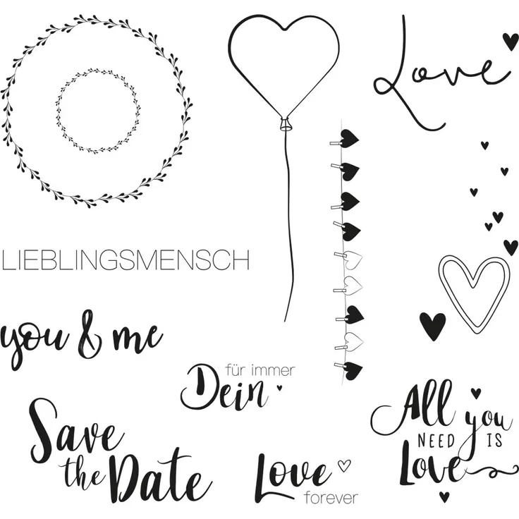 Clear Stamps - Liebesgrüße, 102,5x97mm, 12 Motive, SB-Btl. 1Bogen
