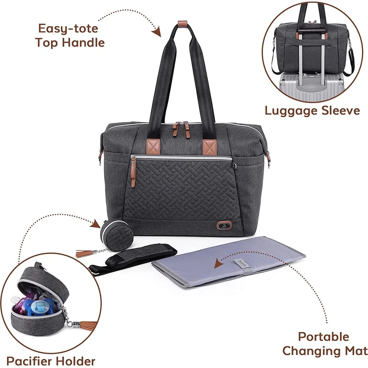 Wickeltasche - Dikaslon Große Windeltaschen für Mama und Papa - stilvolle Reisetasche mit Schnullerhalter und Wickelauflage (Dunkelgrau) - Preisvergleich – Bild 2