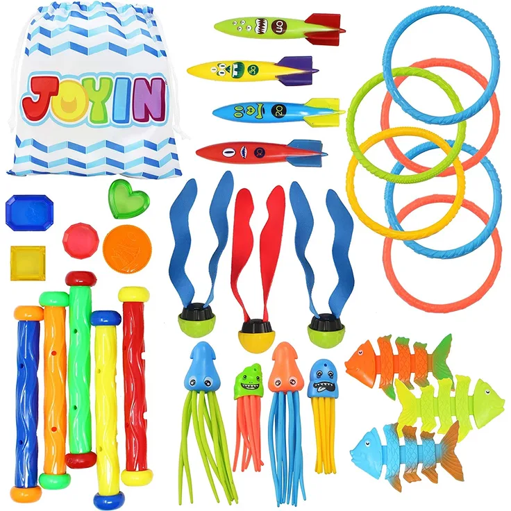 JOYIN 30 Stück Tauchen Spielzeug Unterwasser, Kinder Tauchspielzeug Set: 5 Tauchstäbe, 6 Tauchringe, 5 Piratenschätze, 4 Toypedo Banditen, 3 Algenspielzeug, 3 Fischspielzeug, 4 Krake