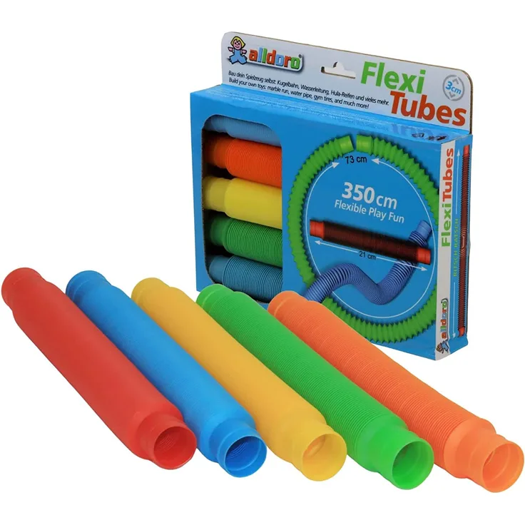 alldoro 60332 5er Set Flexi Tubes Ø 3 cm 3 in 1 Spielset mit 5 flexiblen biegsamen Kunststoff Röhren als Kugelbahn, Wasserleitung und Hoop Reifen, Länge verstellbar je 21-73cm, bunt, Mehrfarbig