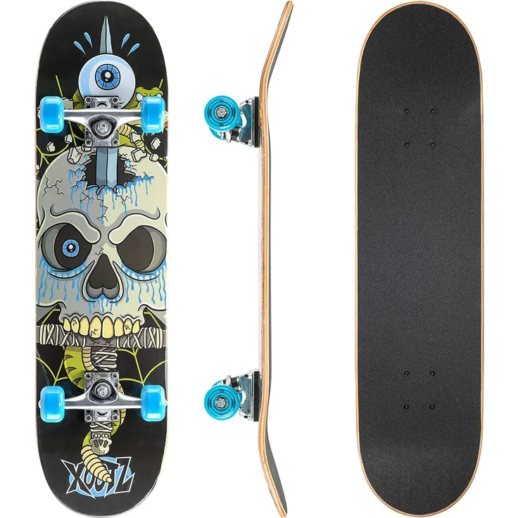 Xootz Kinder-Skateboard für Absolute Anfänger Double-Kick-Trick – Ahorndeck, 78,7 x 20,3 cm, Kinder, Snake Complete Beginners Double Kick Trick Skateboard, Snake Skull