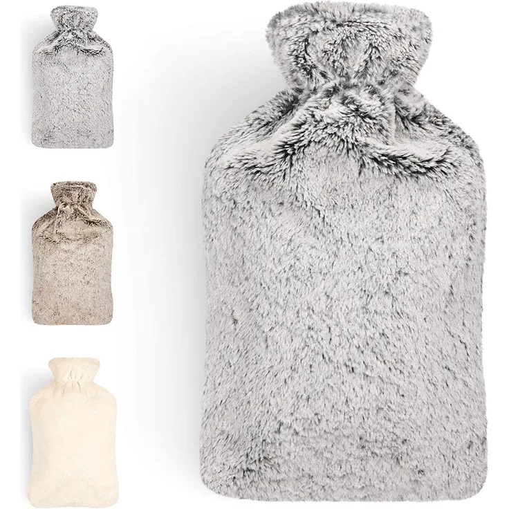 Blumtal Premium Wärmflasche mit Bezug in Kunstfelloptik - Wärmeflasche mit Kuschelweichem Fellbezug zur Schmerzlinderung, Auslaufsichere Bettflasche aus Naturkautschuk für Kinder und Erwachsene, Grau