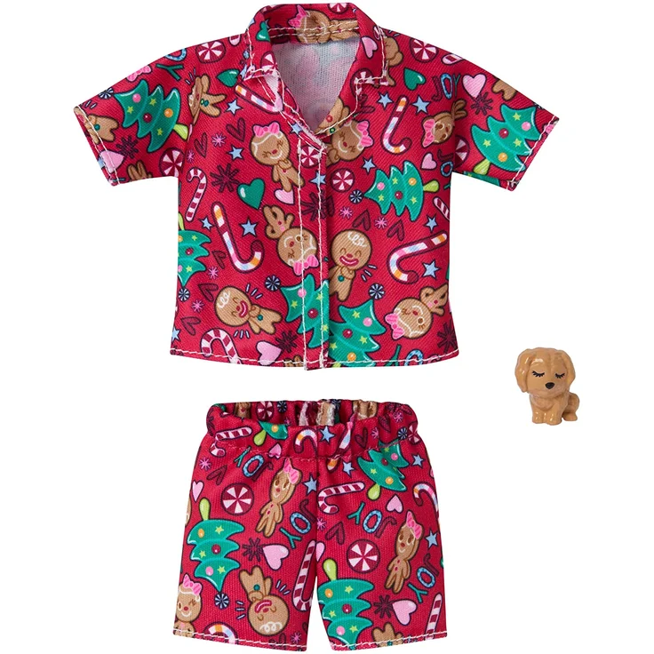 Barbie Mattel Weihnachten GGG49 - Holiday Fashion Gingerbread, Schlafanzug im Lebkuchenprint und Hündchen - Mode, Kleid, Kleidung – Bild 1