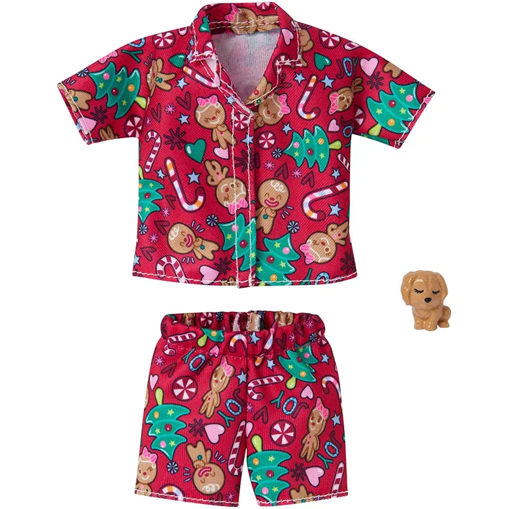 Barbie Mattel Weihnachten GGG49 - Holiday Fashion Gingerbread, Schlafanzug im Lebkuchenprint und Hündchen - Mode, Kleid, Kleidung