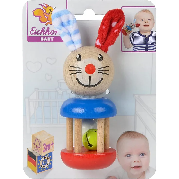 Eichhorn 100017013 - Baby Rassel mit Hasenmotiv, 5x13,5cm, FSC 100% Zertifiziertes Buchenholz, Made in Germany