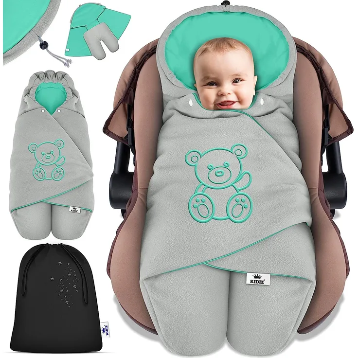 KIDIZ® Baby Einschlagdecke Winter mit Kapuze +Tasche Babyeinschlagdecke Universal für Babyschale, Autositz, z. B. für Maxi-Cosi, Römer für Buggy Babybett Kinderwagen & alle Gurtsysteme 3 & 5-Punkt Gurt Grau / Türkis