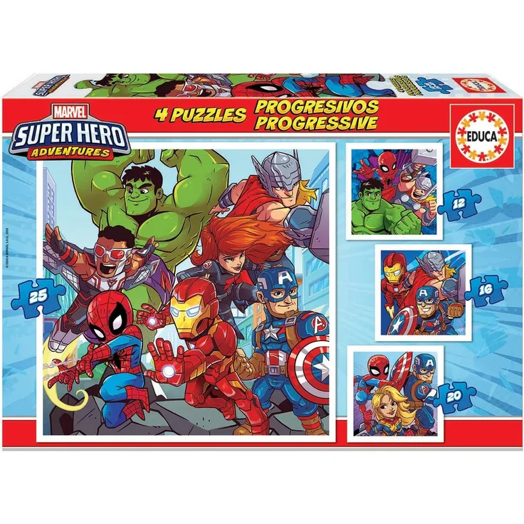 Educa Borrás Progressive Kinderpuzzle 12 16 20 25 Teile Marvel Super Heroe Adventures ab 36 Monaten (18647), Farbe/Modell Sortiert