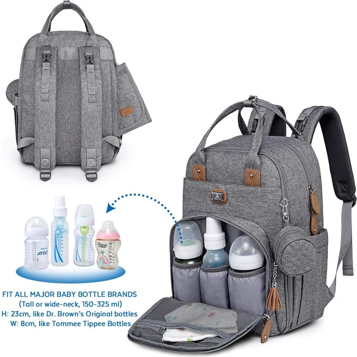 Dikaslon Wickeltasche Rucksack Großer Wickelrucksack mit Multifunktions-Babytaschen und mobiler Wickelauflage - Schnullerhalter und Kinderwagengurte - für Mama und Papa (grau) – Bild 4