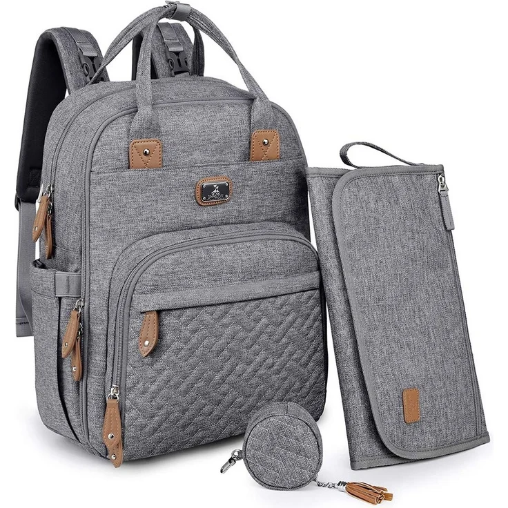 Dikaslon Wickeltasche Rucksack Großer Wickelrucksack mit Multifunktions-Babytaschen und mobiler Wickelauflage - Schnullerhalter und Kinderwagengurte - für Mama und Papa (grau) – Bild 1