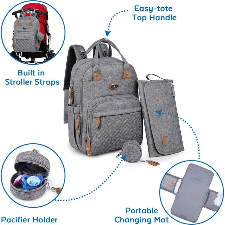 Dikaslon Wickeltasche Rucksack Großer Wickelrucksack mit Multifunktions-Babytaschen und mobiler Wickelauflage - Schnullerhalter und Kinderwagengurte - für Mama und Papa (grau) – Bild 2