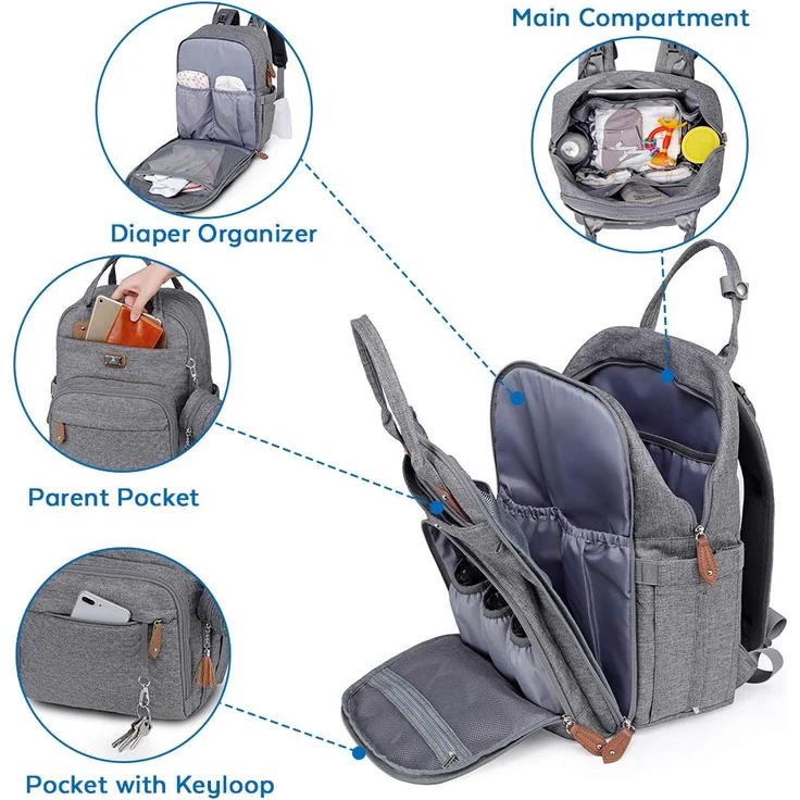 Dikaslon Wickeltasche Rucksack Großer Wickelrucksack mit Multifunktions-Babytaschen und mobiler Wickelauflage - Schnullerhalter und Kinderwagengurte - für Mama und Papa (grau) – Bild 3