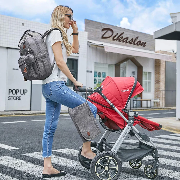 Dikaslon Wickeltasche Rucksack Großer Wickelrucksack mit Multifunktions-Babytaschen und mobiler Wickelauflage - Schnullerhalter und Kinderwagengurte - für Mama und Papa (grau) – Bild 6