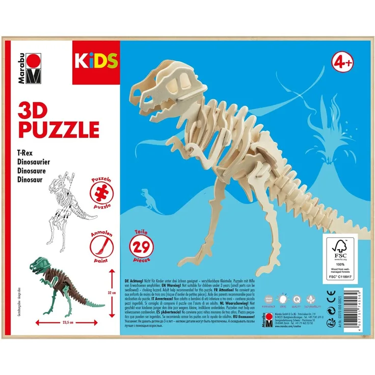 Marabu 317000000021 - KiDS 3D Holzpuzzle T-Rex Dinosaurier, mit 29 Puzzleteilen aus FSC-zertifiziertem Holz, ca. 23,5 x 32 cm groß, einfache Stecktechnik, zum individuellen Bemalen und Gestalten