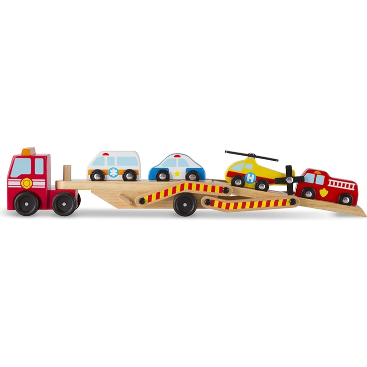 Melissa & Doug Autotransporter aus Holz für Einsatzfahrzeuge mit 1 Lkw und 4 Rettungsfahrzeugen (6 Teile) – Bild 3
