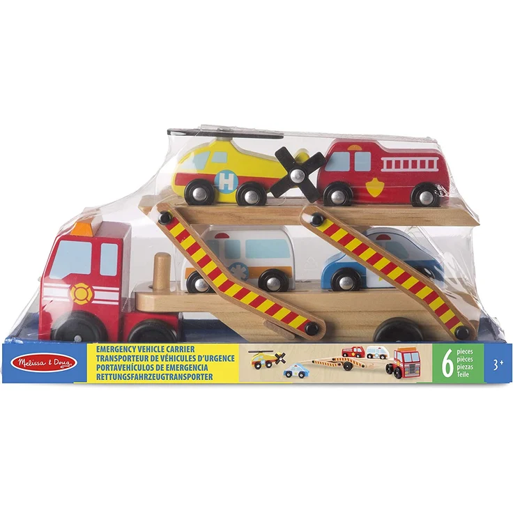 Melissa & Doug Autotransporter aus Holz für Einsatzfahrzeuge mit 1 Lkw und 4 Rettungsfahrzeugen (6 Teile) – Bild 7