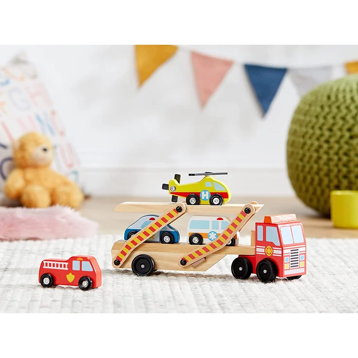 Melissa & Doug Autotransporter aus Holz für Einsatzfahrzeuge mit 1 Lkw und 4 Rettungsfahrzeugen (6 Teile) – Bild 9
