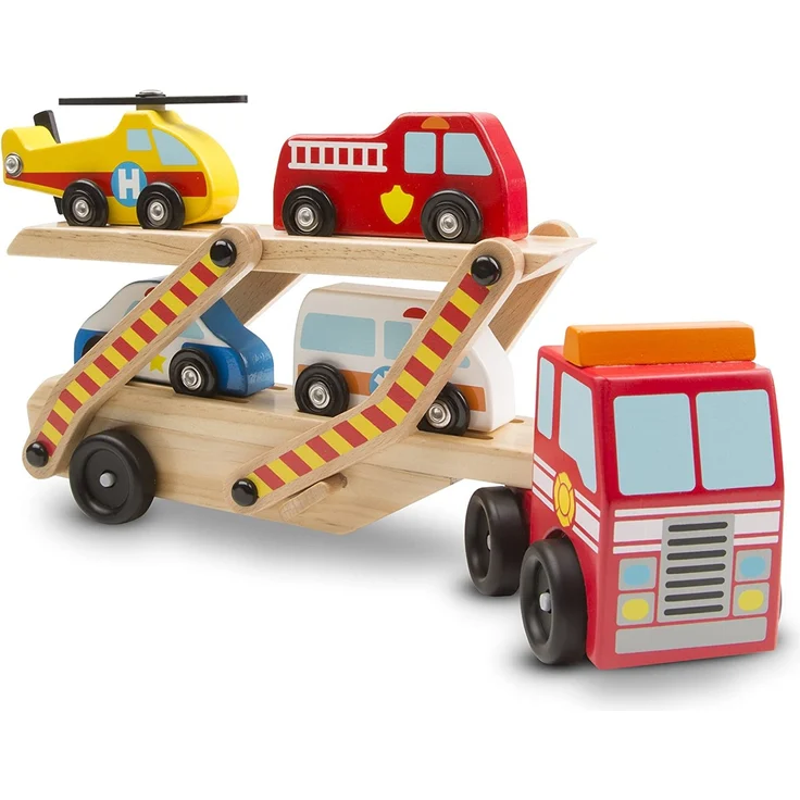 Melissa & Doug Autotransporter aus Holz für Einsatzfahrzeuge mit 1 Lkw und 4 Rettungsfahrzeugen (6 Teile) – Bild 1