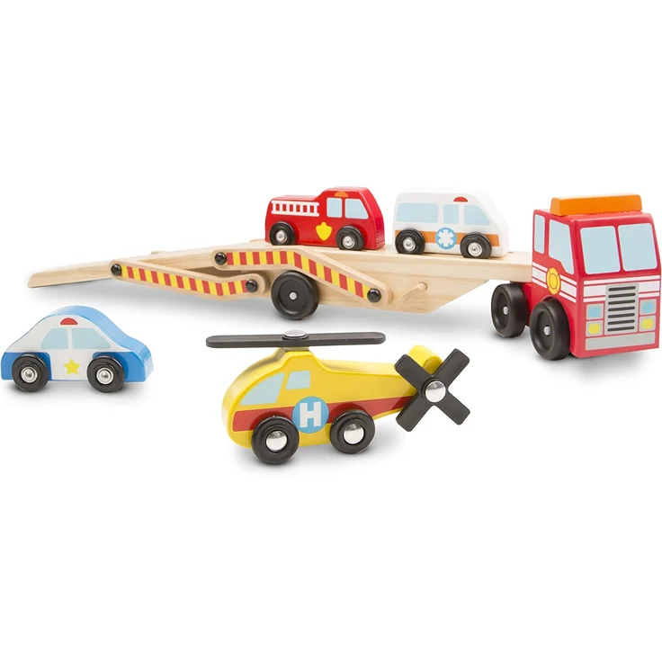 Melissa & Doug Autotransporter aus Holz für Einsatzfahrzeuge mit 1 Lkw und 4 Rettungsfahrzeugen (6 Teile) – Bild 2