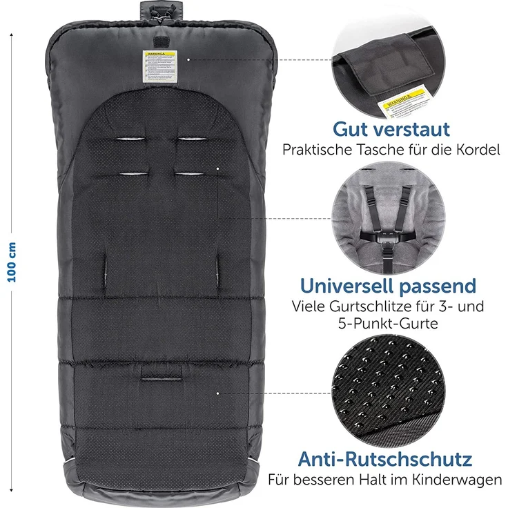 Zamboo Winter-Fußsack für Kinderwagen, Sportwagen & Buggy mit Anti-Rutschschutz, weicher Deluxe-Thermo-Fleece, Mumien-Kapuze, Reflektorstreifen & Tasche - Schwarz Grau – Bild 4