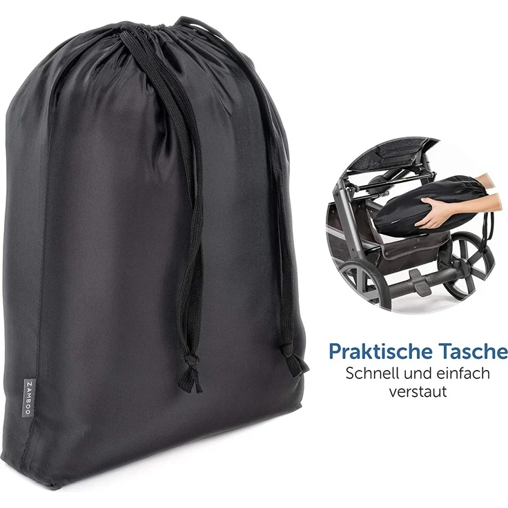 Zamboo Winter-Fußsack für Kinderwagen, Sportwagen & Buggy mit Anti-Rutschschutz, weicher Deluxe-Thermo-Fleece, Mumien-Kapuze, Reflektorstreifen & Tasche - Schwarz Grau – Bild 6