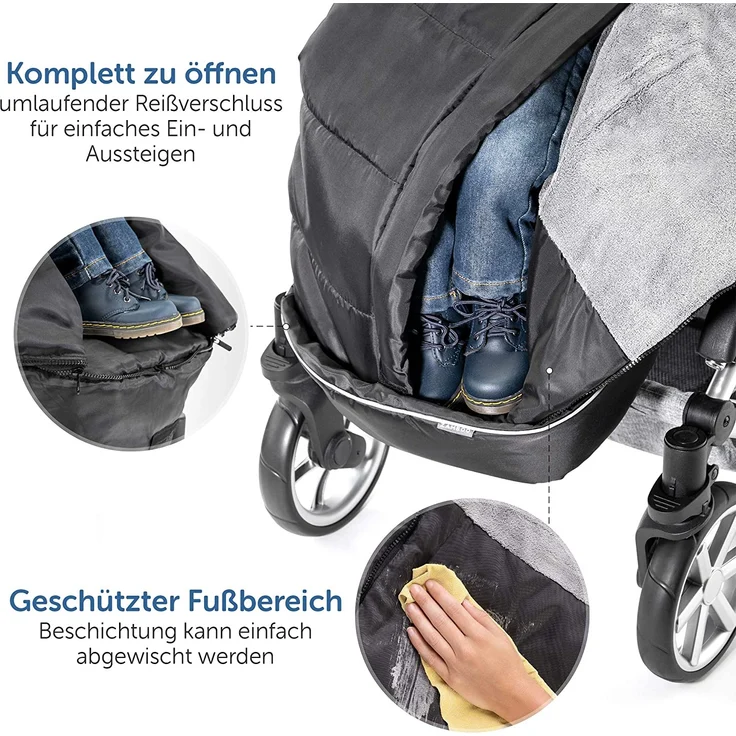 Zamboo Winter-Fußsack für Kinderwagen, Sportwagen & Buggy mit Anti-Rutschschutz, weicher Deluxe-Thermo-Fleece, Mumien-Kapuze, Reflektorstreifen & Tasche - Schwarz Grau – Bild 5