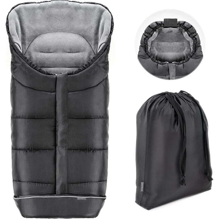 Zamboo Winter-Fußsack für Kinderwagen, Sportwagen & Buggy mit Anti-Rutschschutz, weicher Deluxe-Thermo-Fleece, Mumien-Kapuze, Reflektorstreifen & Tasche - Schwarz Grau – Bild 1