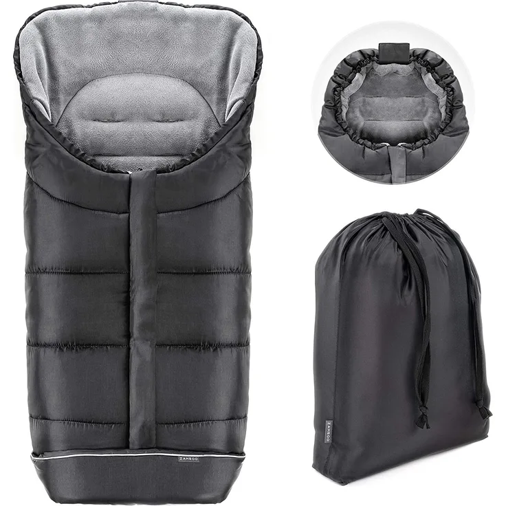 Zamboo Winter-Fußsack für Kinderwagen, Sportwagen & Buggy mit Anti-Rutschschutz, weicher Deluxe-Thermo-Fleece, Mumien-Kapuze, Reflektorstreifen & Tasche - Schwarz Grau