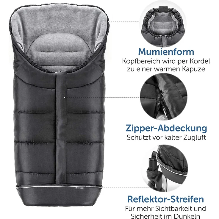 Zamboo Winter-Fußsack für Kinderwagen, Sportwagen & Buggy mit Anti-Rutschschutz, weicher Deluxe-Thermo-Fleece, Mumien-Kapuze, Reflektorstreifen & Tasche - Schwarz Grau – Bild 3