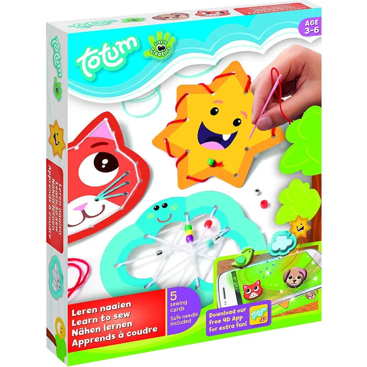 Totum Little Creators Bastel-Set: Nähen lernen mit verschiedenen Nähhilfeschablonen, farbigen Wollfäden, Nadel und Perlen