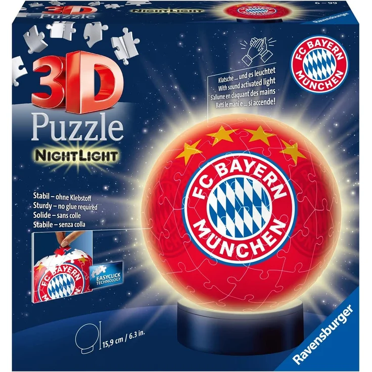 Ravensburger 3D Puzzle Nachtlicht FC Bayern München - Fanartikel für Kinder ab 6 Jahren, LED Nachttischlampe mit Klatsch-Mechanismus, Schlummerlicht – Bild 1