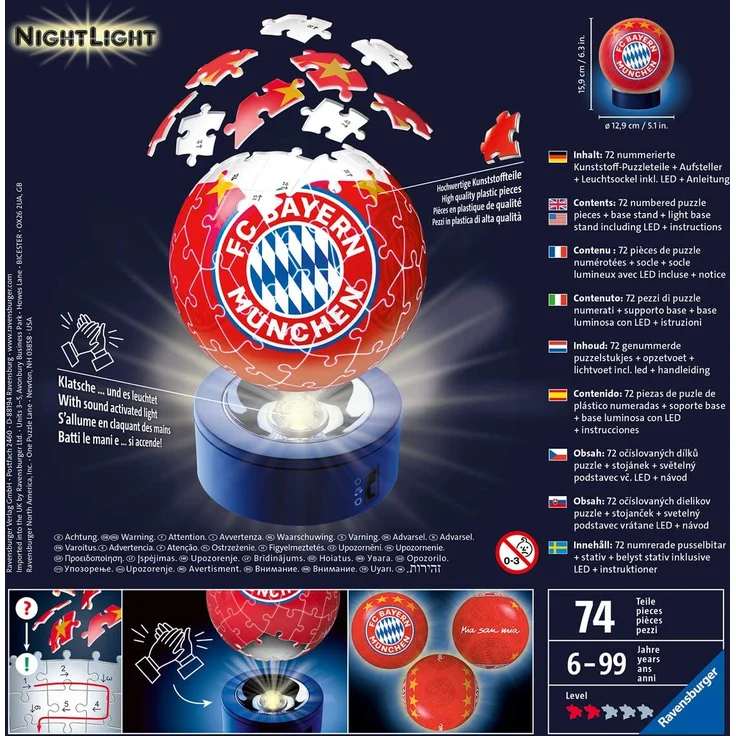 Ravensburger 3D Puzzle Nachtlicht FC Bayern München - Fanartikel für Kinder ab 6 Jahren, LED Nachttischlampe mit Klatsch-Mechanismus, Schlummerlicht – Bild 4