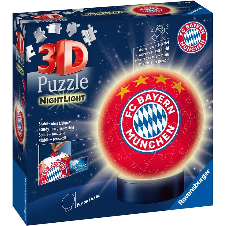 Ravensburger 3D Puzzle Nachtlicht FC Bayern München - Fanartikel für Kinder ab 6 Jahren, LED Nachttischlampe mit Klatsch-Mechanismus, Schlummerlicht – Bild 2