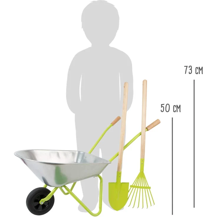 Tolle Kinder Schubkarre mit Gartenwerkzeug, 5 Teile, Metall und Holz, von Legler – Bild 4