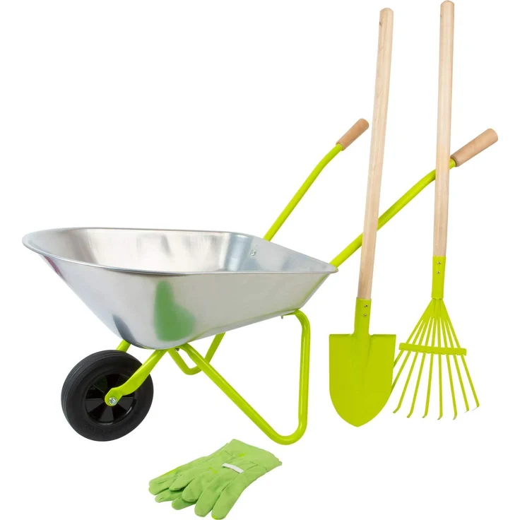 Tolle Kinder Schubkarre mit Gartenwerkzeug, 5 Teile, Metall und Holz, von Legler – Bild 3