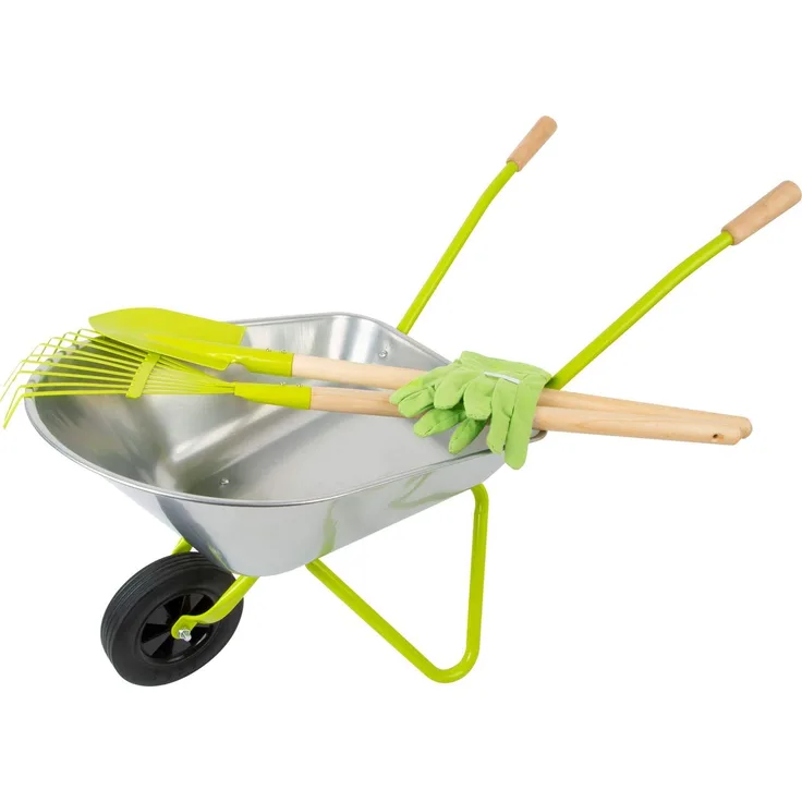 Tolle Kinder Schubkarre mit Gartenwerkzeug, 5 Teile, Metall und Holz, von Legler
