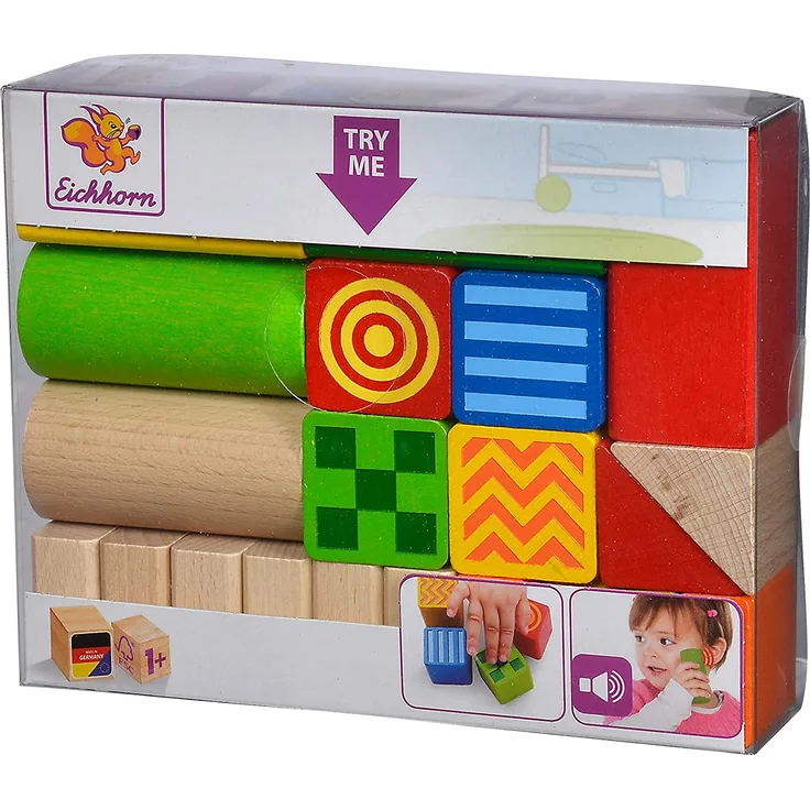 Eichhorn 100024253 - Baby Fühl- und Klangbausteine, 4 Bausteine mit Fühl- und 2 Bausteine mit Klangfunktion, 20-tlg, FSC 100% Zertifiziertes Buchenholz , Made in Germany