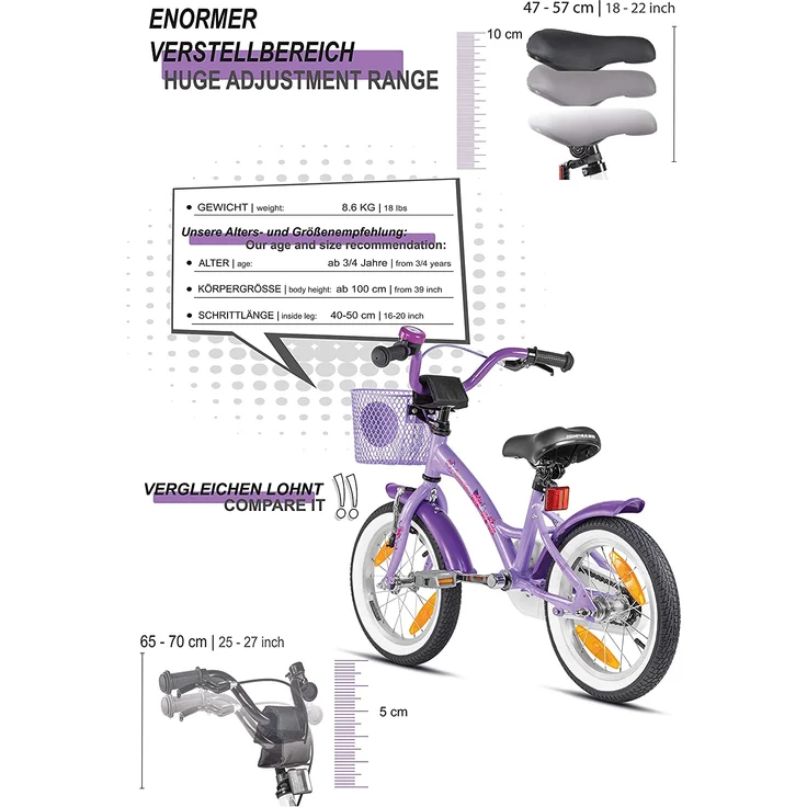 PROMETHEUS BICYCLES® Kinderfahrrad 14'' ab 3 Jahre mit Stützräder in Violett & Weiß – Bild 4