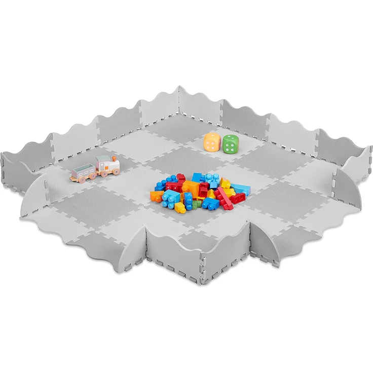 Relaxdays Puzzlematte 36-teilig, EVA Schaumstoff, schadstofffrei, 1,4 m², Spielmatte mit Rand, Kinder Matte, grau/weiß – Bild 1