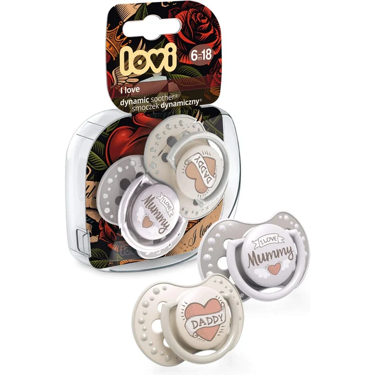 LOVI Schnuller 6-18 Monate, Silikon, BPA-frei, Hygieneschutzhülle, I Love Kollektion, 2 Stück – Bild 2